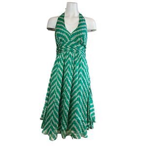 MILLY NEW YORK Halter Tie Green Silk Chevron Dress Sz 4